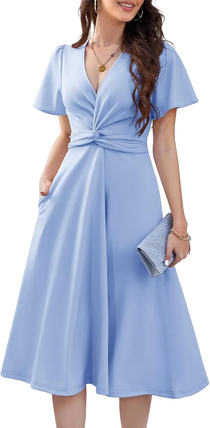 DRESSTELLS Women's Cocktail Dress with Pockets 2025, Twist Knot Ruched Wrap Dresses, V Neck & Bow Tie