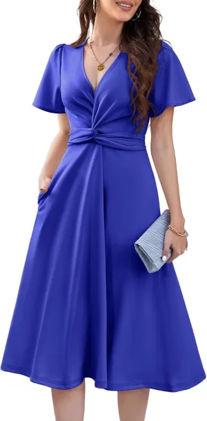 DRESSTELLS Women's Cocktail Dress with Pockets 2025, Twist Knot Ruched Wrap Dresses, V Neck & Bow Tie