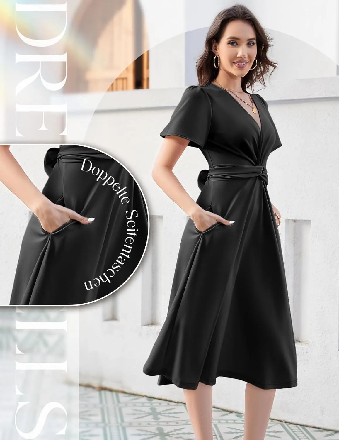 DRESSTELLS Women's Cocktail Dress with Pockets 2025, Twist Knot Ruched Wrap Dresses, V Neck & Bow Tie