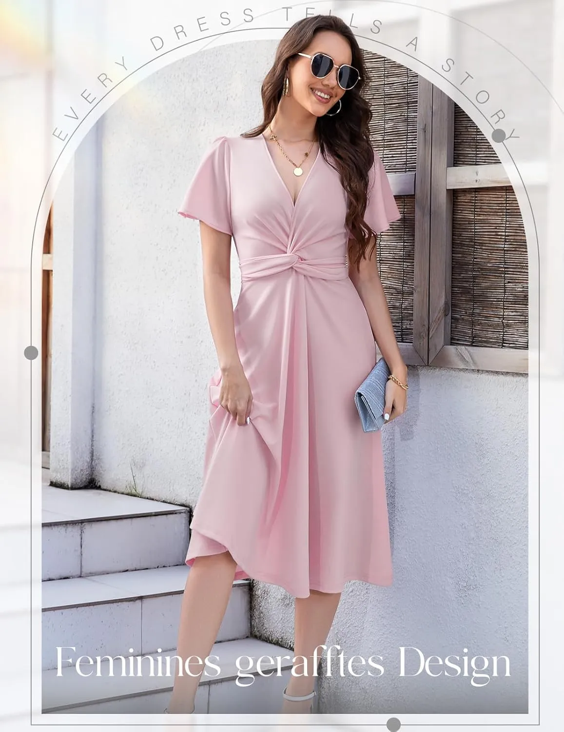 DRESSTELLS Women's Cocktail Dress with Pockets 2025, Twist Knot Ruched Wrap Dresses, V Neck & Bow Tie