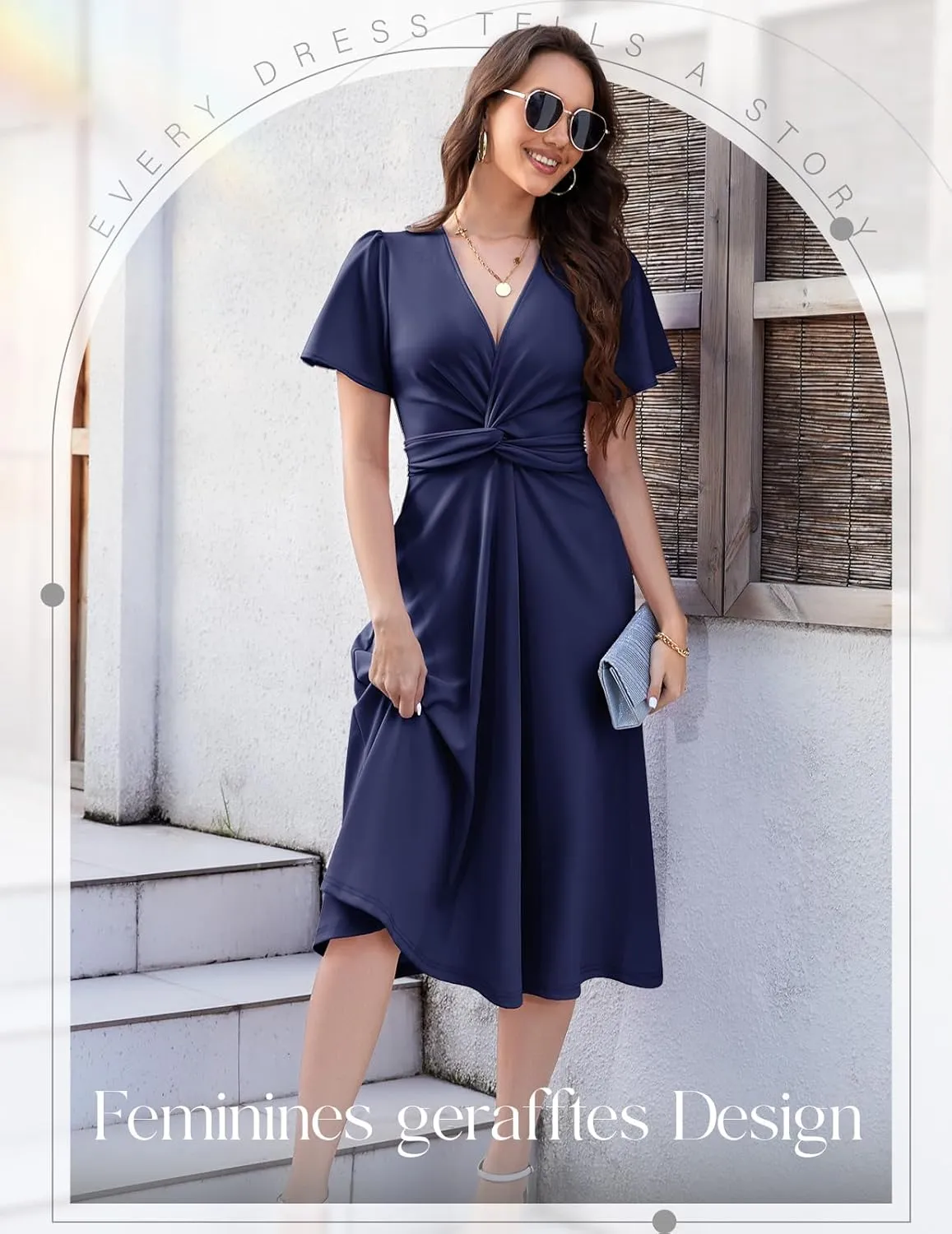 DRESSTELLS Women's Cocktail Dress with Pockets 2025, Twist Knot Ruched Wrap Dresses, V Neck & Bow Tie