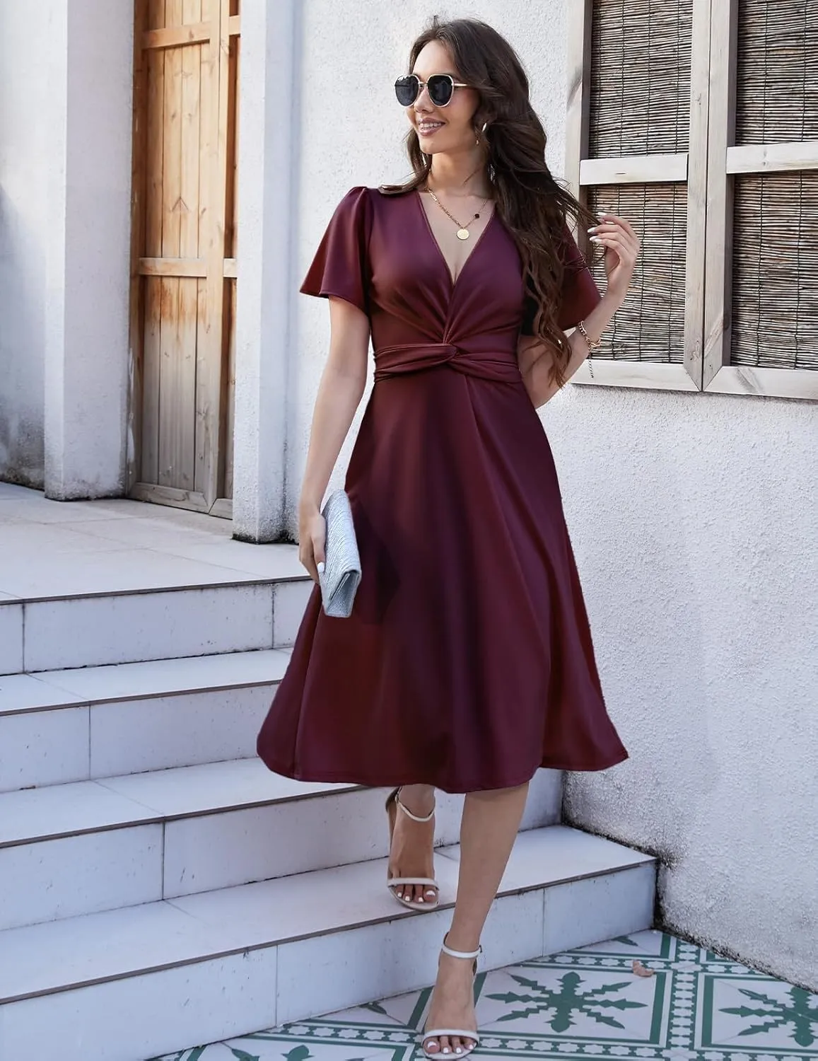 DRESSTELLS Women's Cocktail Dress with Pockets 2025, Twist Knot Ruched Wrap Dresses, V Neck & Bow Tie