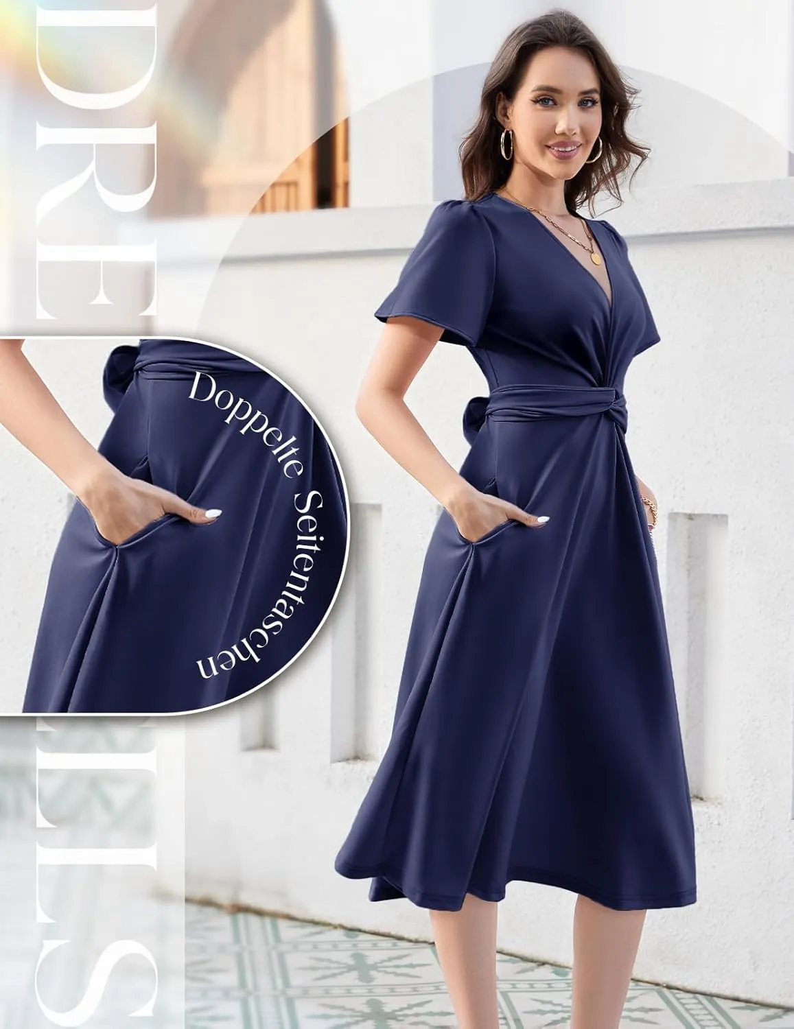 DRESSTELLS Women's Cocktail Dress with Pockets 2025, Twist Knot Ruched Wrap Dresses, V Neck & Bow Tie