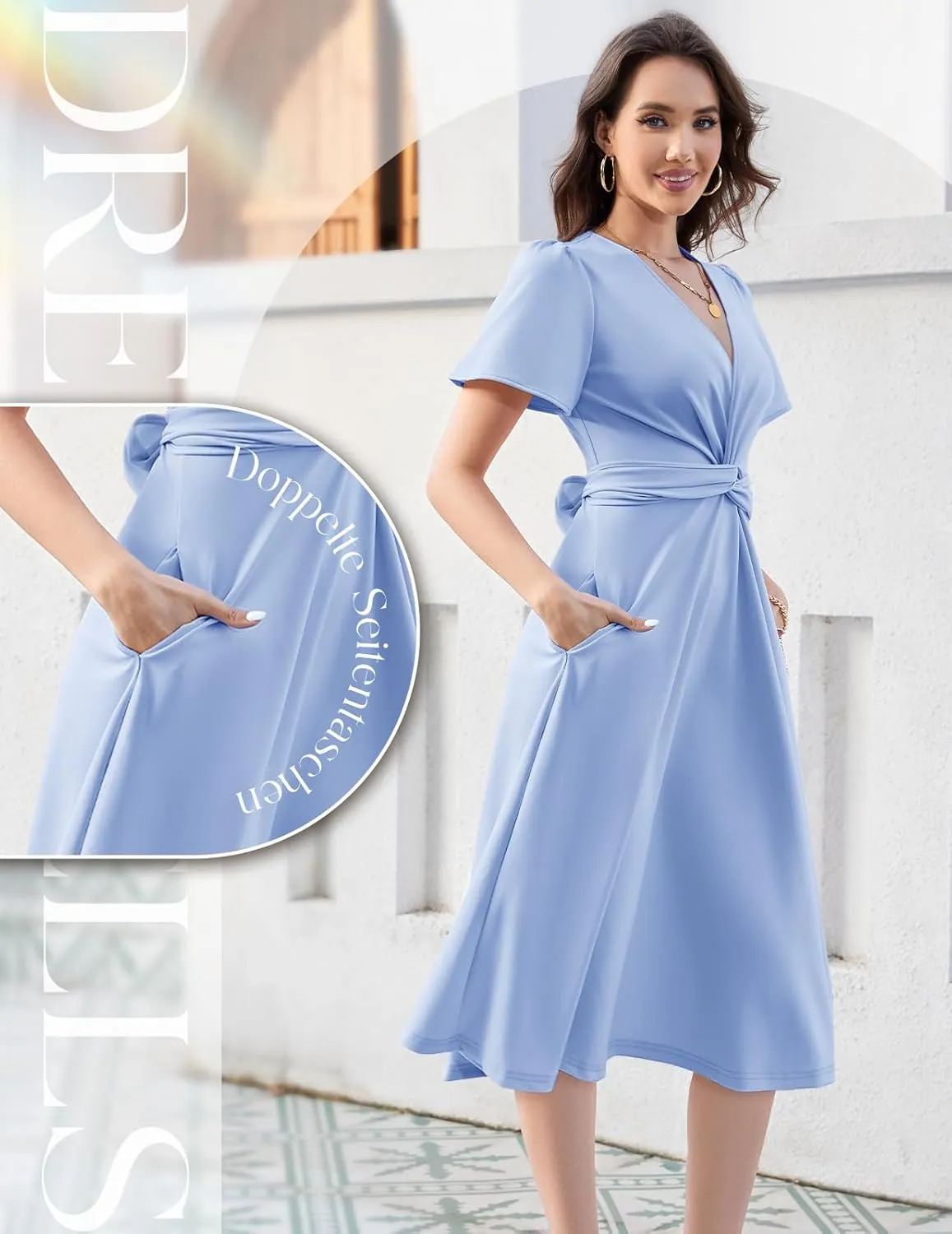 DRESSTELLS Women's Cocktail Dress with Pockets 2025, Twist Knot Ruched Wrap Dresses, V Neck & Bow Tie