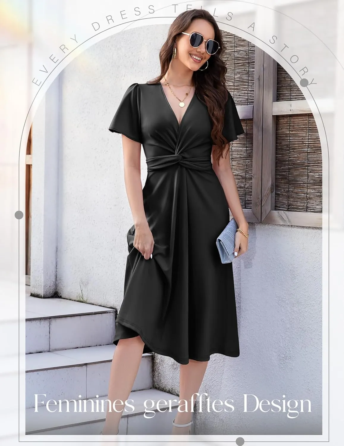 DRESSTELLS Women's Cocktail Dress with Pockets 2025, Twist Knot Ruched Wrap Dresses, V Neck & Bow Tie