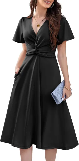 DRESSTELLS Women's Cocktail Dress with Pockets 2025, Twist Knot Ruched Wrap Dresses, V Neck & Bow Tie