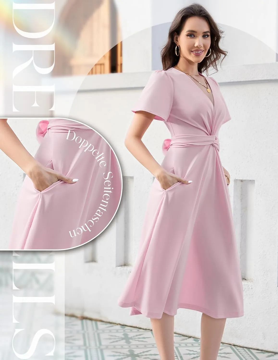 DRESSTELLS Women's Cocktail Dress with Pockets 2025, Twist Knot Ruched Wrap Dresses, V Neck & Bow Tie