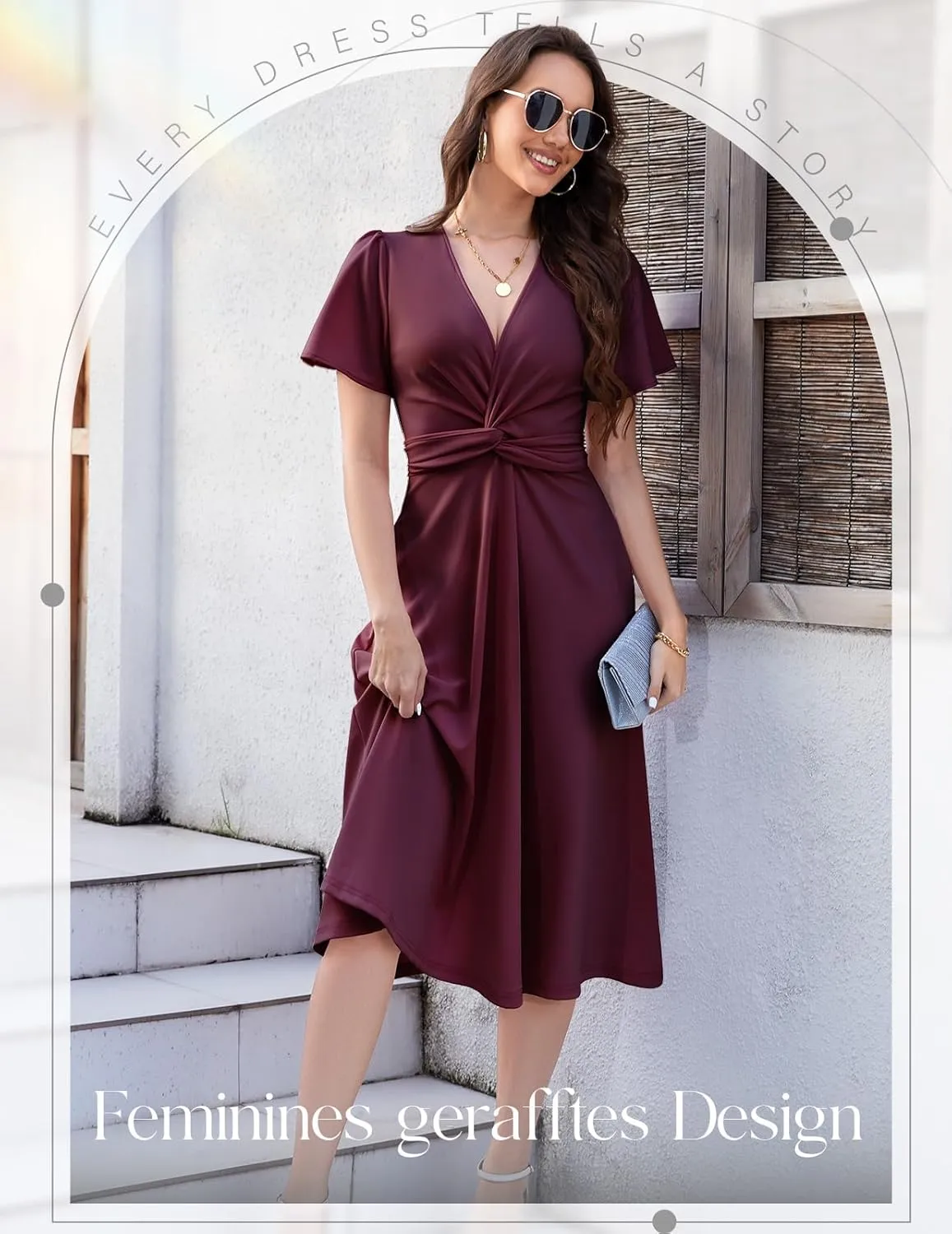 DRESSTELLS Women's Cocktail Dress with Pockets 2025, Twist Knot Ruched Wrap Dresses, V Neck & Bow Tie