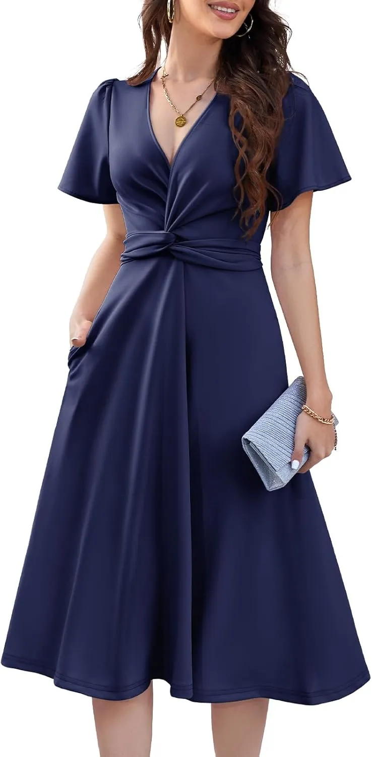 DRESSTELLS Women's Cocktail Dress with Pockets 2025, Twist Knot Ruched Wrap Dresses, V Neck & Bow Tie