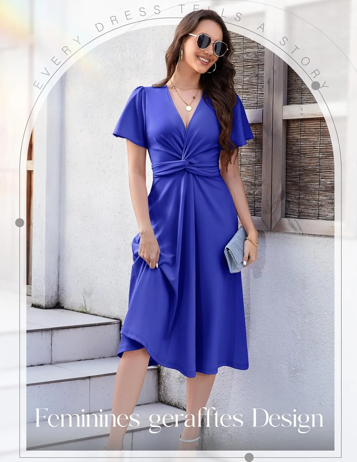 DRESSTELLS Women's Cocktail Dress with Pockets 2025, Twist Knot Ruched Wrap Dresses, V Neck & Bow Tie