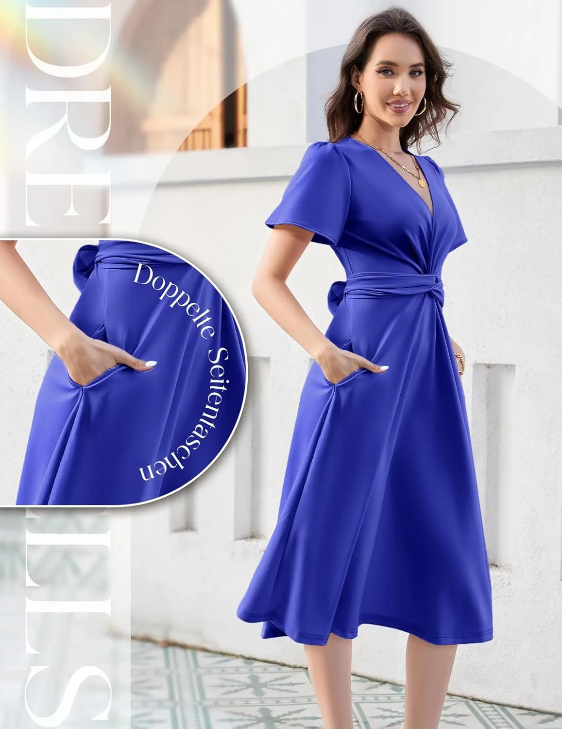 DRESSTELLS Women's Cocktail Dress with Pockets 2025, Twist Knot Ruched Wrap Dresses, V Neck & Bow Tie