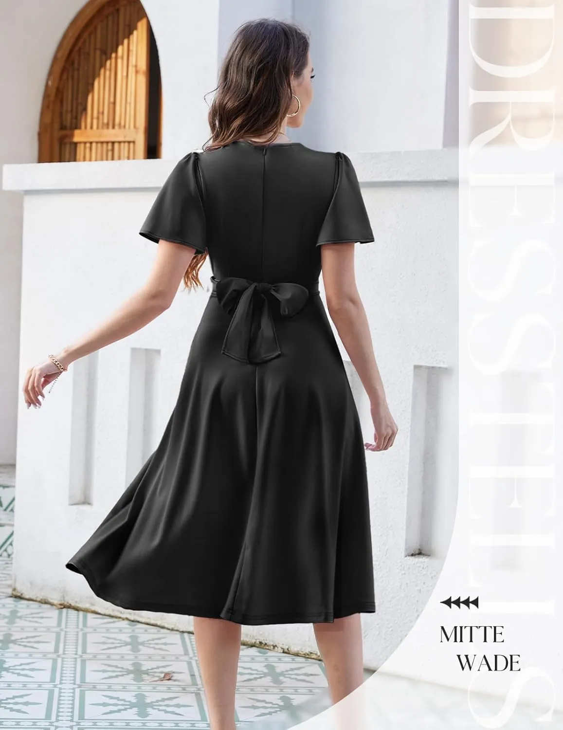 DRESSTELLS Women's Cocktail Dress with Pockets 2025, Twist Knot Ruched Wrap Dresses, V Neck & Bow Tie