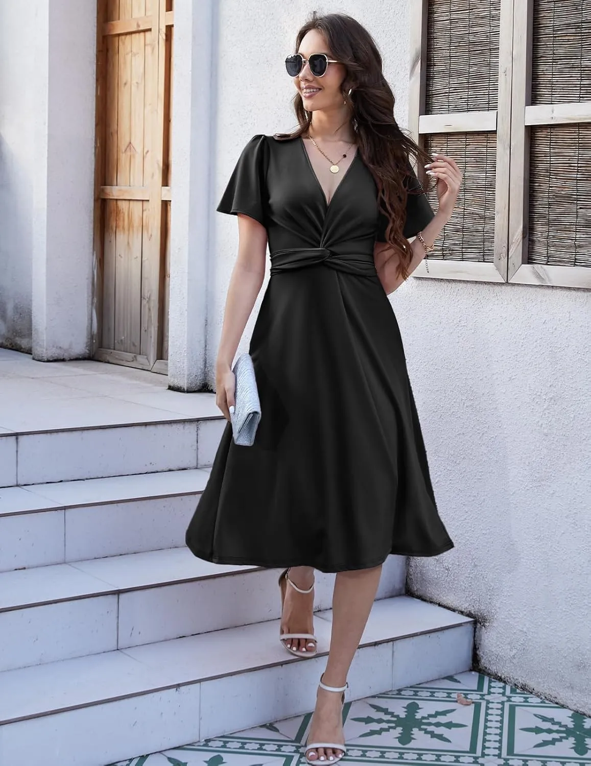 DRESSTELLS Women's Cocktail Dress with Pockets 2025, Twist Knot Ruched Wrap Dresses, V Neck & Bow Tie