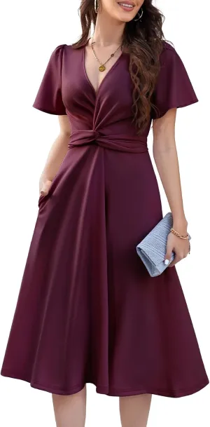 DRESSTELLS Women's Cocktail Dress with Pockets 2025, Twist Knot Ruched Wrap Dresses, V Neck & Bow Tie