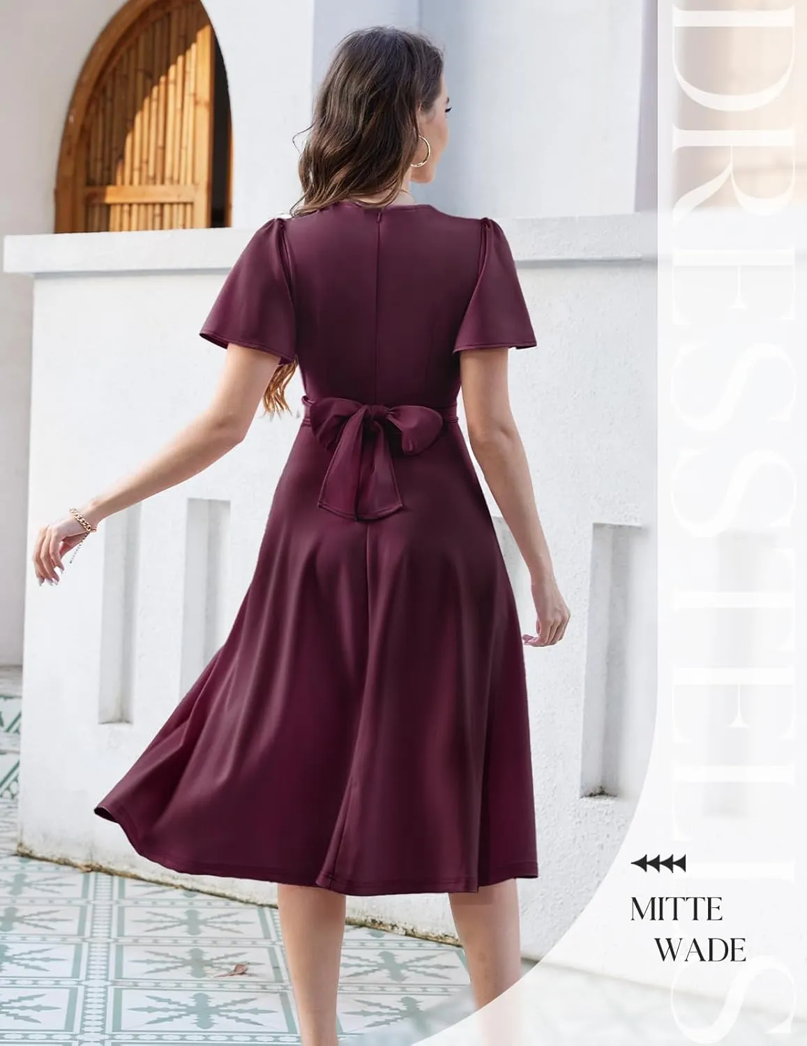 DRESSTELLS Women's Cocktail Dress with Pockets 2025, Twist Knot Ruched Wrap Dresses, V Neck & Bow Tie
