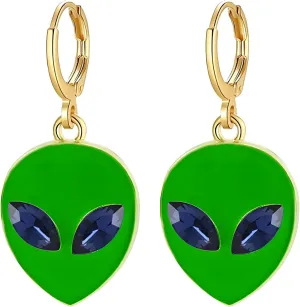 Dreuyet Alien Hoop Earrings for Women Crystal Cute Green Alien Head Dangle Earrings Funny Novelty UFO Space Statement Jewelry