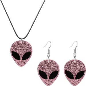 Dreuyet Cute Alien Earring And Necklaces Set for Women Men Personalized Acrylic Green Glitter Alien Head Dangle Drop Earrings Lightning Novelty Aliens Earring Halloween Jewelry Gifts