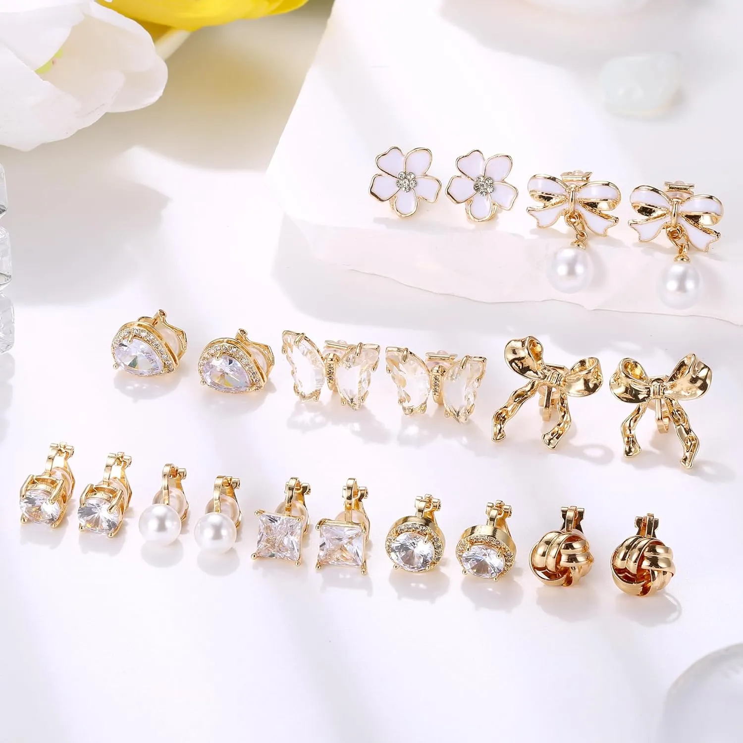 Drperfect Clip on Earrings Women, Gold Clip on Earrings for Women, Clip Earrings for Women, Women's Clip-on Earrings Dangle Pearl Bow Flower Butterfly Cubic Zirconia Non Pierced Earrings Clip on Stud No Piercing Earrings Clip in Earrings