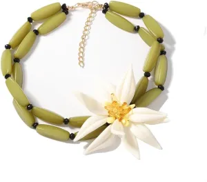 Dtja Large Flower Bamboo Pendant Choker Necklace for Women Fashion Unique White Blossom Green Chain Adjustable Creative Tropical Statement Holiday Vacation Jewelry