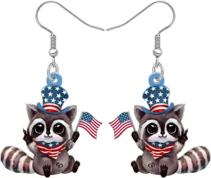 DUOWEI Acrylic Cute 4th of July Patriotic Raccoon Earrings Funny American Flag Hat Dangle Earrings Independence Day Jewelry Raccoon Gifts for Women Accessories