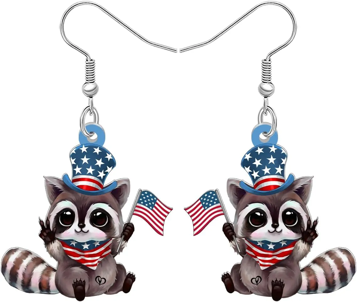 DUOWEI Acrylic Cute 4th of July Patriotic Raccoon Earrings Funny American Flag Hat Dangle Earrings Independence Day Jewelry Raccoon Gifts for Women Accessories