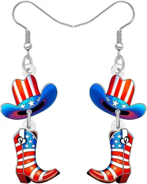 DUOWEI Acrylic Funny 4th of July Western Cowboy Cowgirl Hat Boots Earrings Cute American Flag Hat Dangle Independence Day Patriotic Jewelry Gifts for Women Rodeo