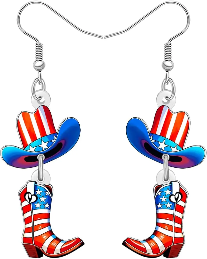 DUOWEI Acrylic Funny 4th of July Western Cowboy Cowgirl Hat Boots Earrings Cute American Flag Hat Dangle Independence Day Patriotic Jewelry Gifts for Women Rodeo