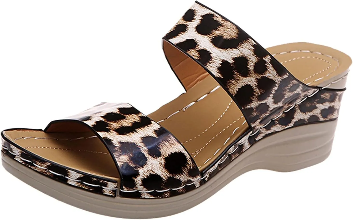 Eduavar Summer Sandals for Women 2023, Womens Sandals Leopard Print Sandals Breathable Peep Toe Slip On Wedge Sandals Shoes