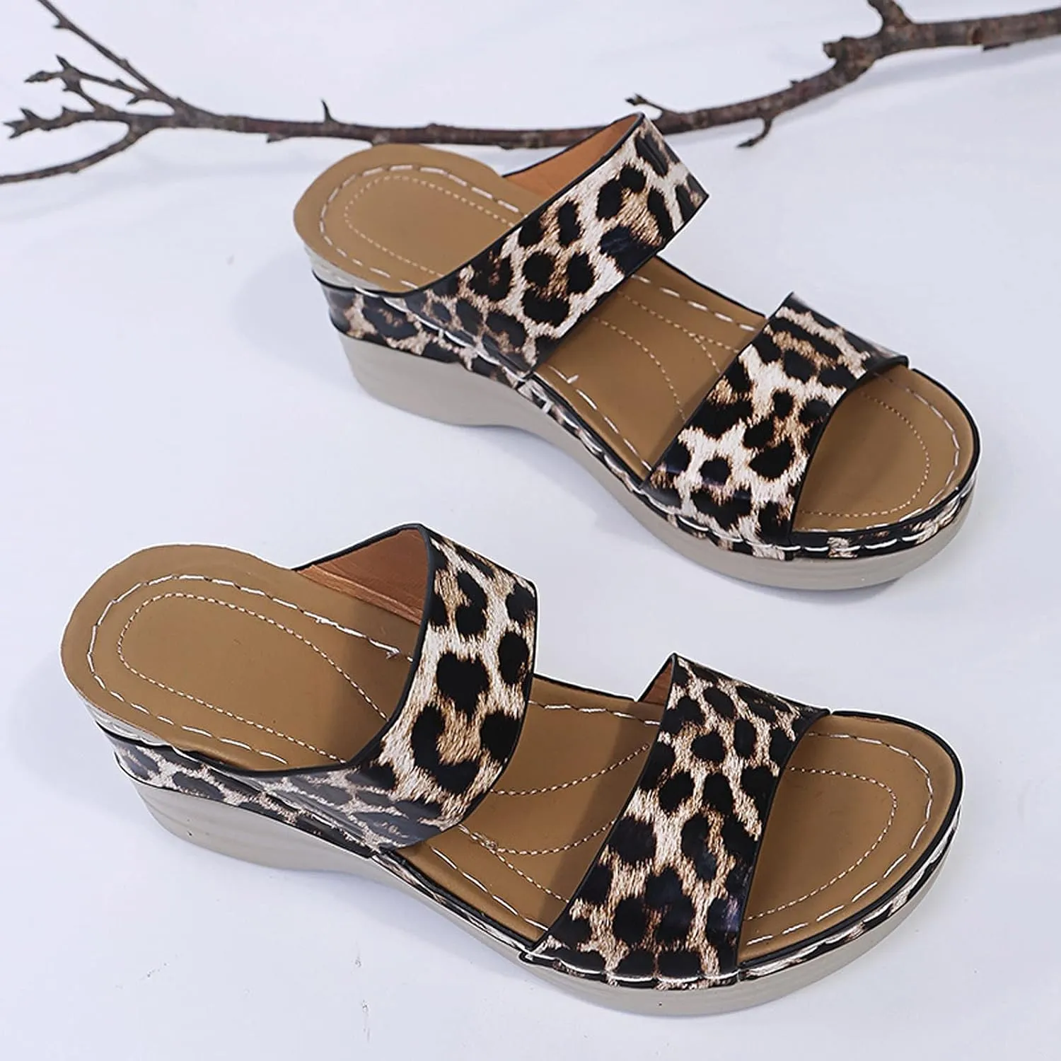 Eduavar Summer Sandals for Women 2023, Womens Sandals Leopard Print Sandals Breathable Peep Toe Slip On Wedge Sandals Shoes