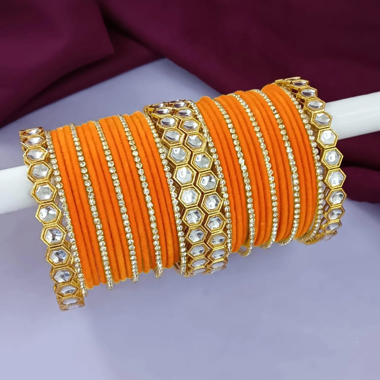 Efulgenz Indian Bangles for Women Faux kundan Bangles Bracelet for Women CZ Crystal Rhinestone Banagles Pink Plain Velvet Bangles Antique Indian Jewelry Bollywood Fashion Statement Jewelry for Women