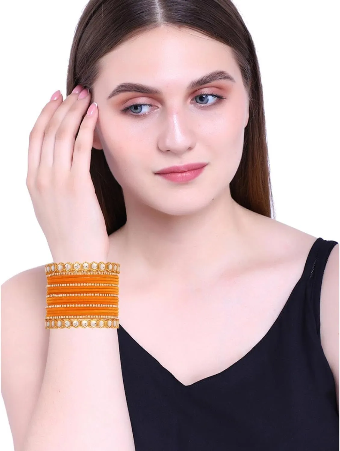 Efulgenz Indian Bangles for Women Faux kundan Bangles Bracelet for Women CZ Crystal Rhinestone Banagles Pink Plain Velvet Bangles Antique Indian Jewelry Bollywood Fashion Statement Jewelry for Women