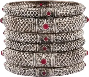 Efulgenz Indian Bangles for Women Oxidized Antique Bracelet Bangle Set Boho Oxidized Crystal Floral Bracelet Bangles Bollywood Wedding Fashion Jewelry (6 Pcs)