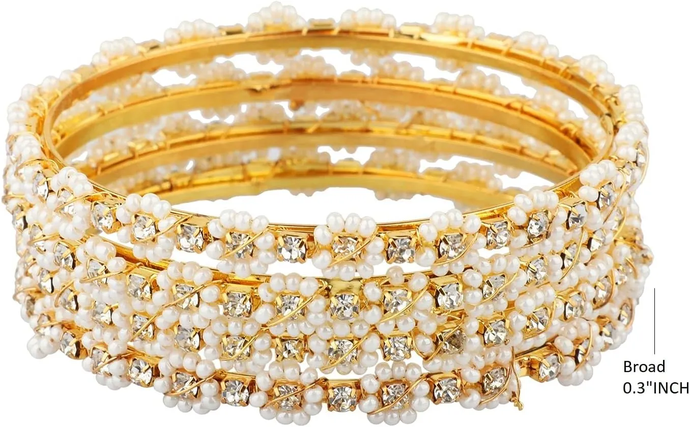 Efulgenz Indian Bangles for Women Pearl Bracelet Bangles Set Bollywood Jewelry Traditional Faux Pearl Crystal Wedding Bracelet Bangle Set (4 Pcs)