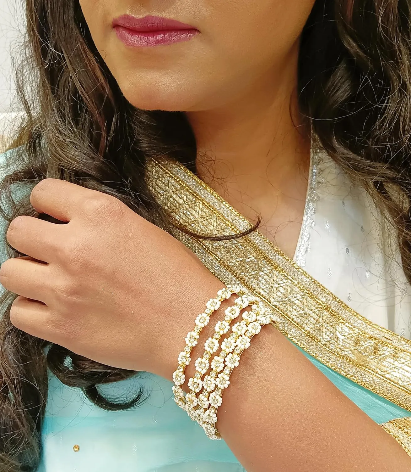 Efulgenz Indian Bangles for Women Pearl Bracelet Bangles Set Bollywood Jewelry Traditional Faux Pearl Crystal Wedding Bracelet Bangle Set (4 Pcs)