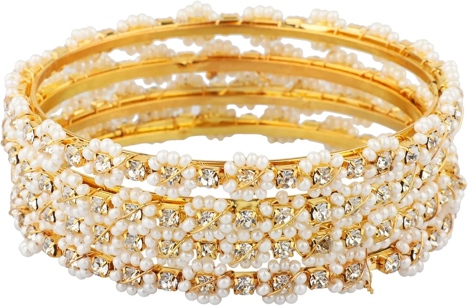 Efulgenz Indian Bangles for Women Pearl Bracelet Bangles Set Bollywood Jewelry Traditional Faux Pearl Crystal Wedding Bracelet Bangle Set (4 Pcs)