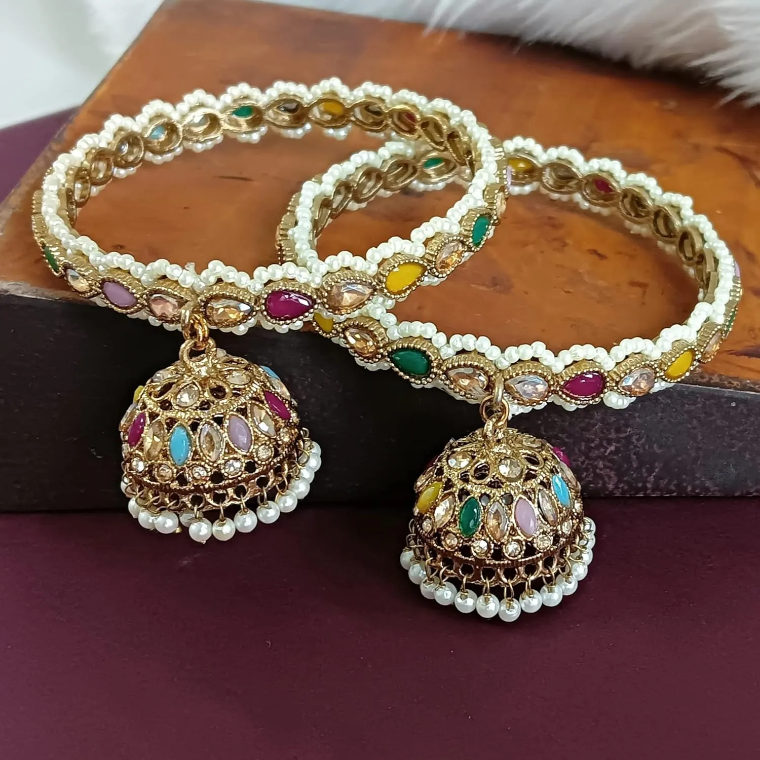 Efulgenz Indian Bollywood Traditional Rhinestone Crystal Wedding Jhumka Tassel Bracelet Bangle Set Jewelry