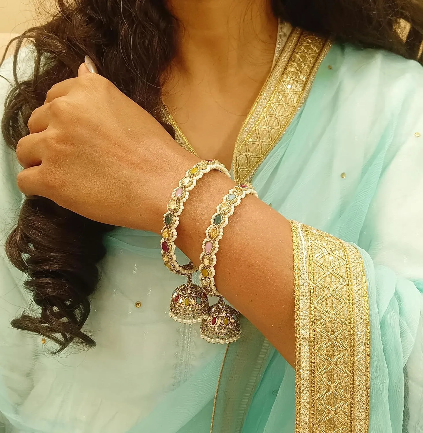 Efulgenz Indian Bollywood Traditional Rhinestone Crystal Wedding Jhumka Tassel Bracelet Bangle Set Jewelry