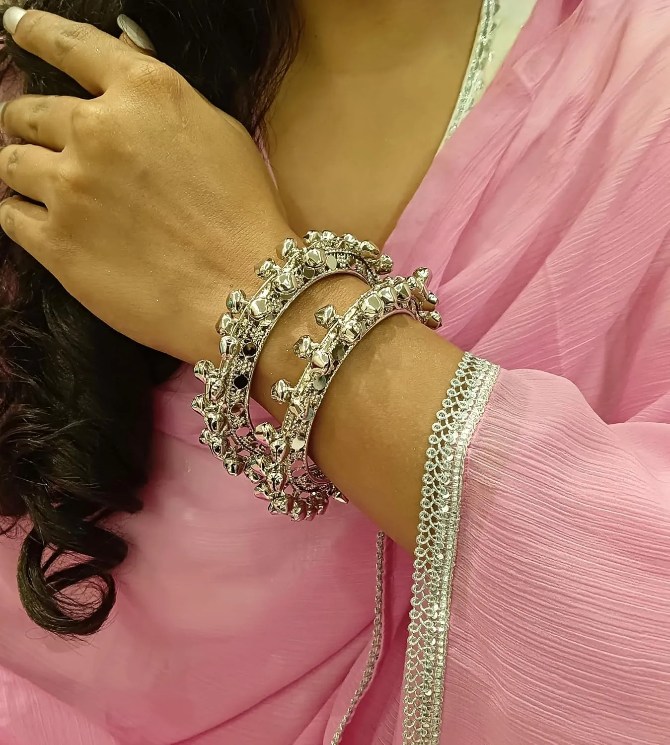 Efulgenz Indian Oxidized Jewelry for Navratri Boho Vintage Antique Tribal Indian Oxidized Bell Charm Bracelet Bangle Set Jewelry for Women