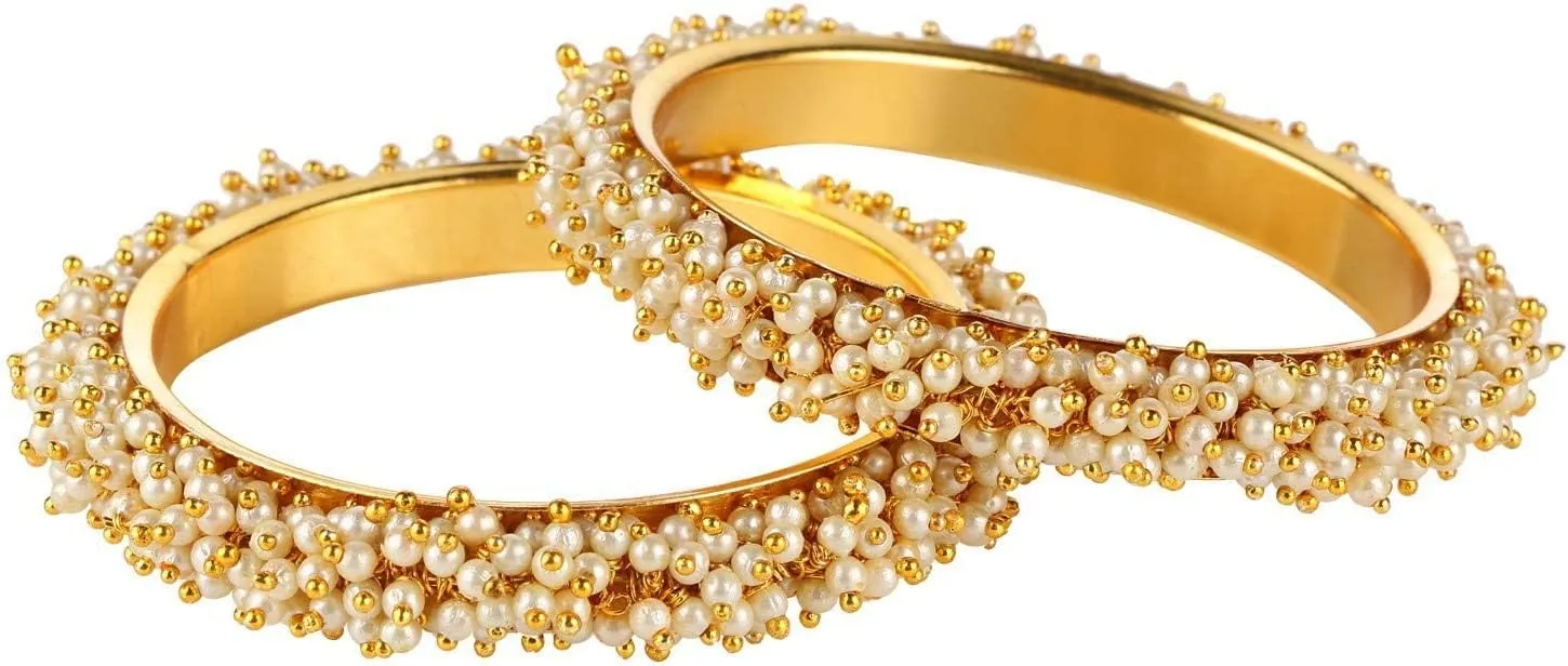 Efulgenz Pearl Bangles for Women Indian Bangles Pearl Bollywood Jewelry Beaded Bracelets Faux Pearl Bracelet Bangle Set Wedding Fashion Jewelry