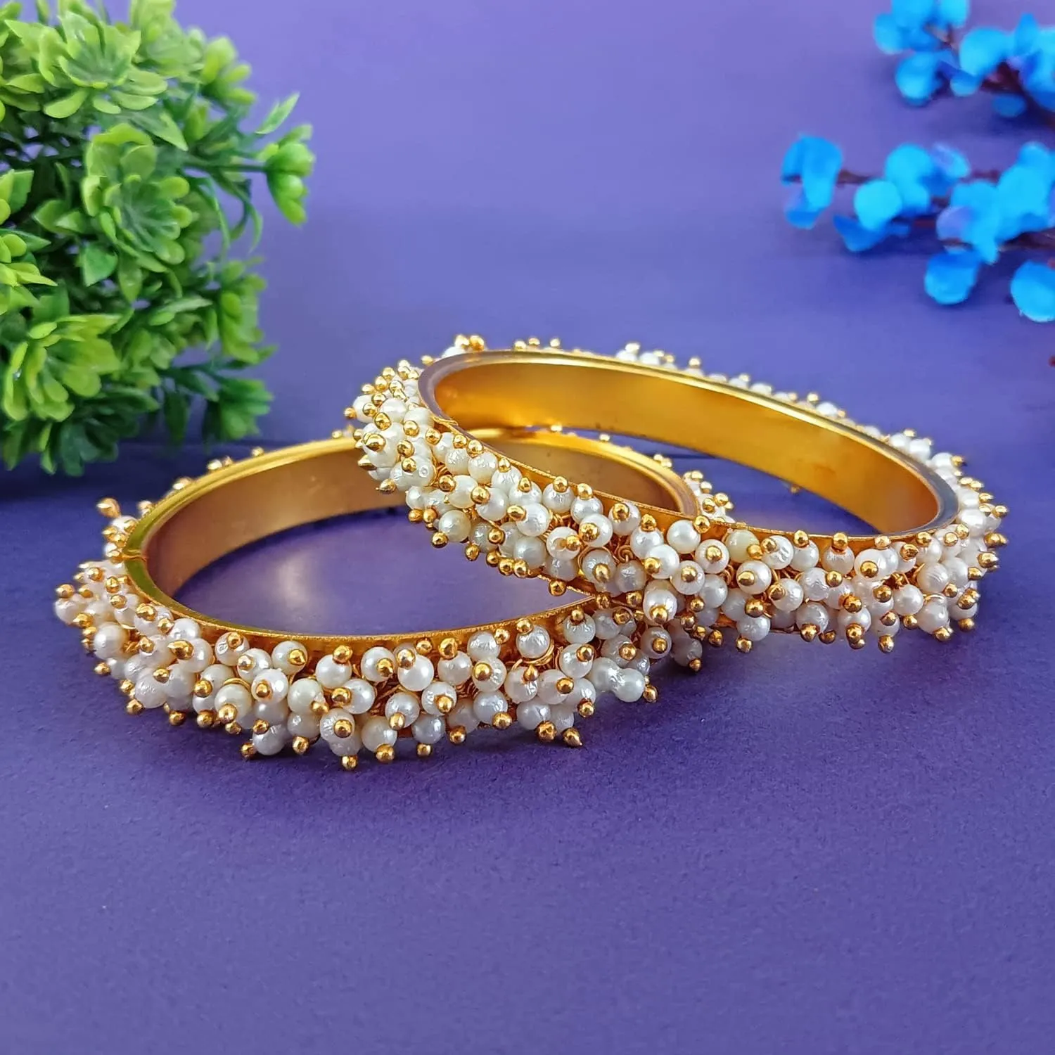 Efulgenz Pearl Bangles for Women Indian Bangles Pearl Bollywood Jewelry Beaded Bracelets Faux Pearl Bracelet Bangle Set Wedding Fashion Jewelry