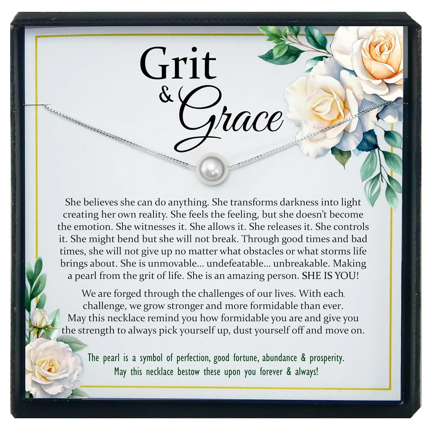 Encouragement Gifts for Women, Grit and Grace, 925 Sterling Silver White Pearl Necklace with Meaningful Message, Ready To Gift