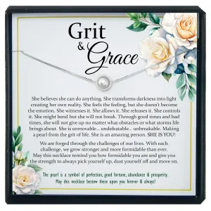 Encouragement Gifts for Women, Grit and Grace, 925 Sterling Silver White Pearl Necklace with Meaningful Message, Ready To Gift