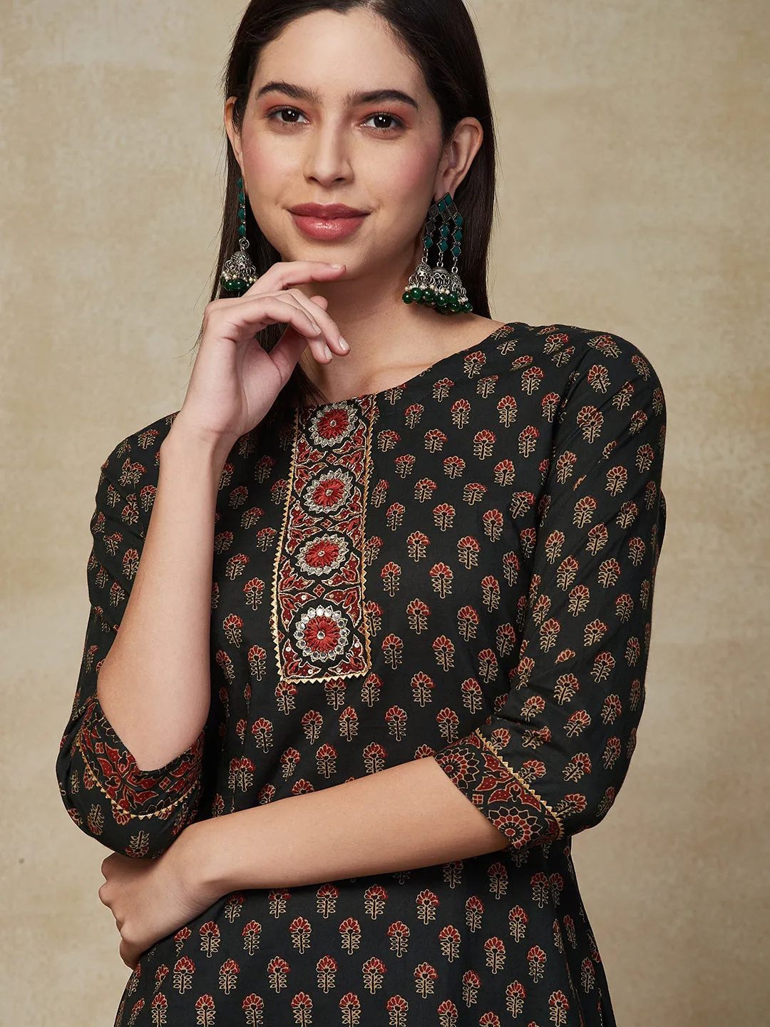 Ethnic Ajarakh Printed & Embroidered Straight Kurta with Sharara - Green