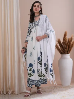Ethnic Floral Block Printed A-Line Pleated Kurta with Pant and Printed Dupatta - White