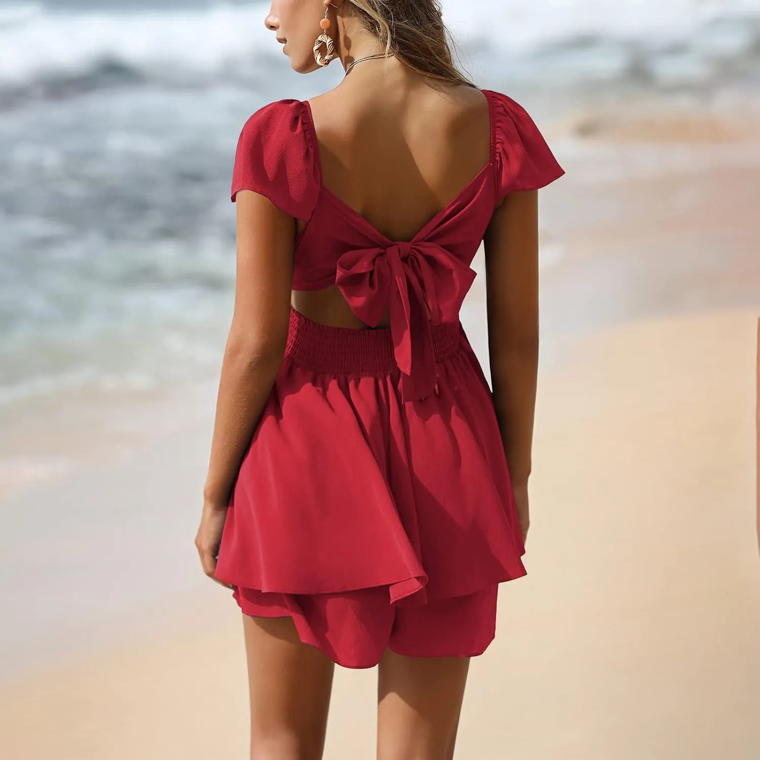 EXLURA Women's 2025 Summer Ruffle Short Sleeve Tie Back Romper Dress Square Neck A Line Cute Dressy Short Jumpsuits