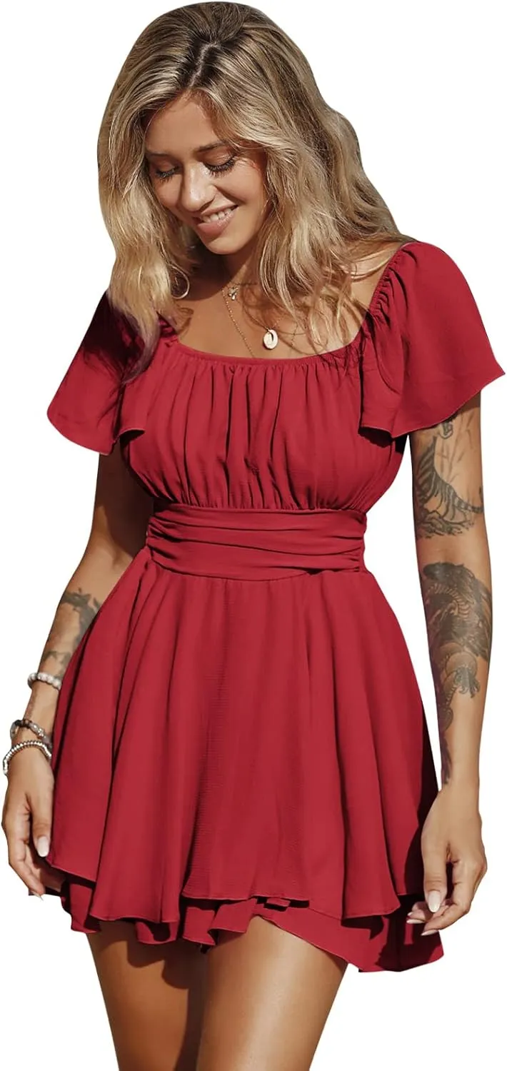 EXLURA Women's 2025 Summer Ruffle Short Sleeve Tie Back Romper Dress Square Neck A Line Cute Dressy Short Jumpsuits