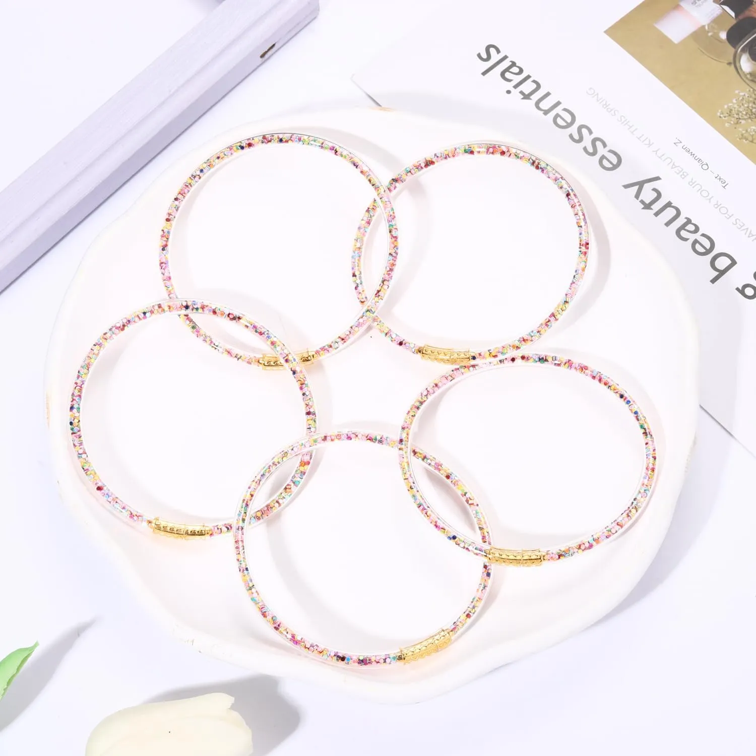 FAERLIIRY Mardi Gras Bracelets Glitter Jelly Bangles Glitter Filled Jelly Silicone Bracelets for Women Girls Bracelets Set for Buddha Girl Waterproof Purple Green Gold Bangles Set