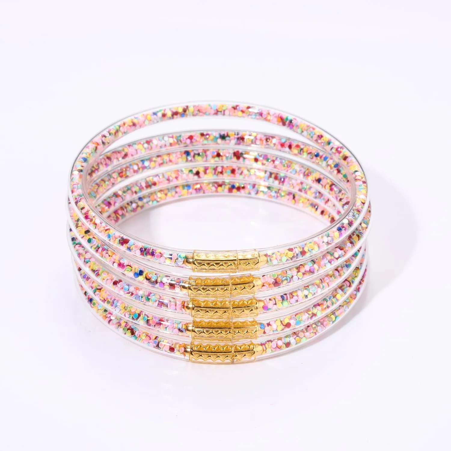 FAERLIIRY Mardi Gras Bracelets Glitter Jelly Bangles Glitter Filled Jelly Silicone Bracelets for Women Girls Bracelets Set for Buddha Girl Waterproof Purple Green Gold Bangles Set