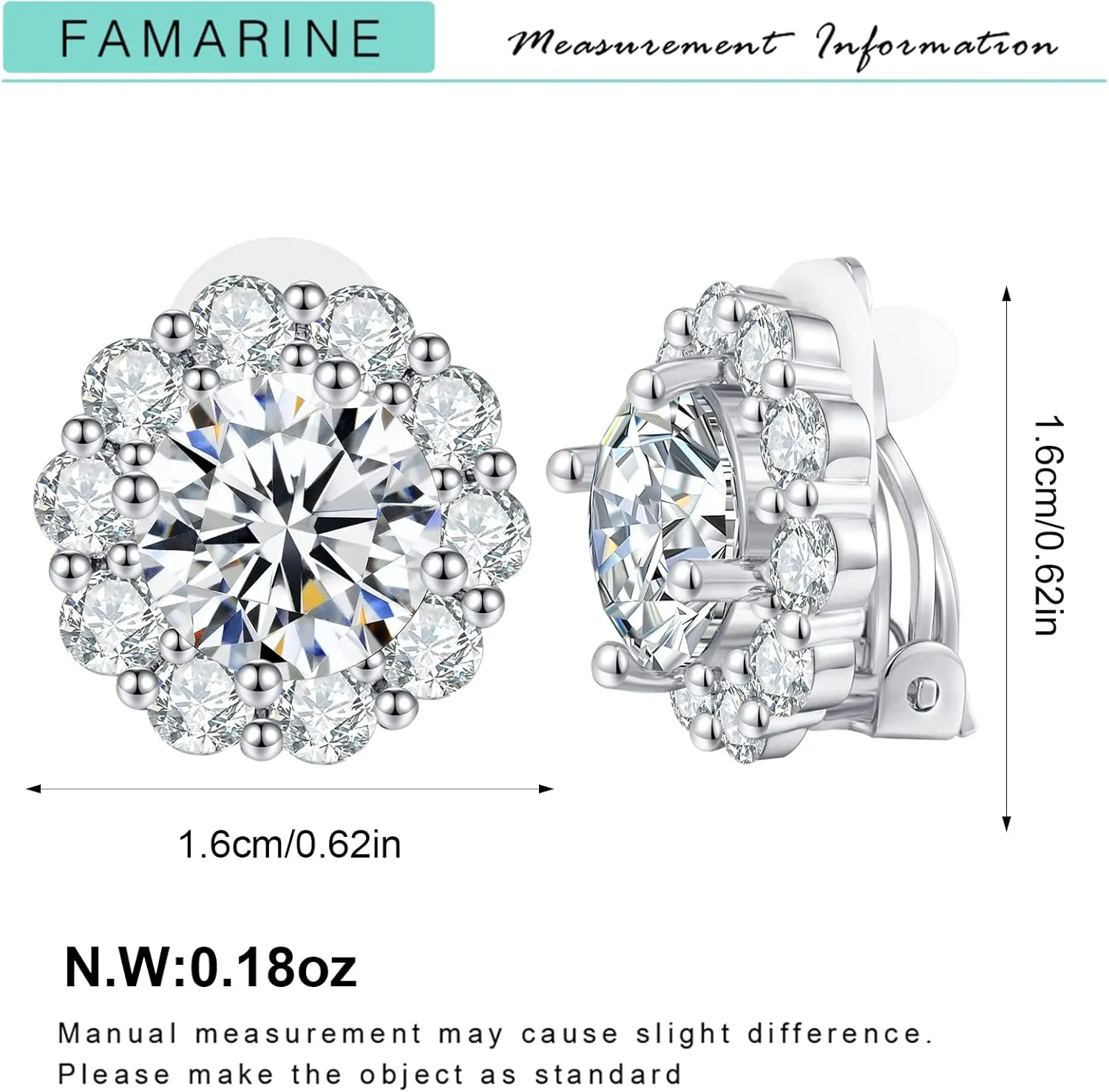 FAMARINE CZ Clip on Earrings for Women Clip Earring Non-pierced Earrings