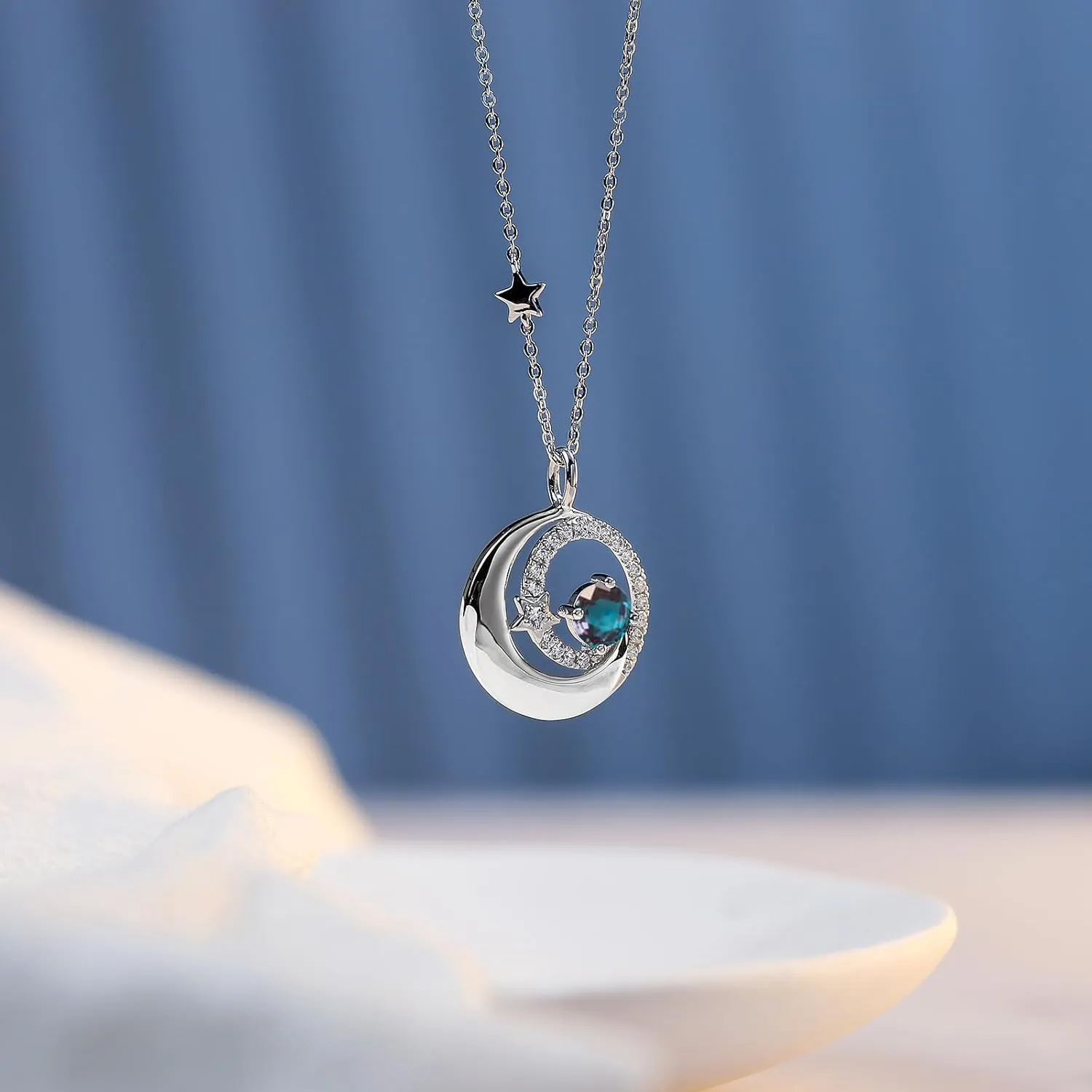 FANCIME Birthstone Necklaces 925 Sterling Silver Moon and Star Pendant Fine Jewelry Birthday Christmas Gifts for Mom Wife Her Daughter, Adjustable Chain 16 2"